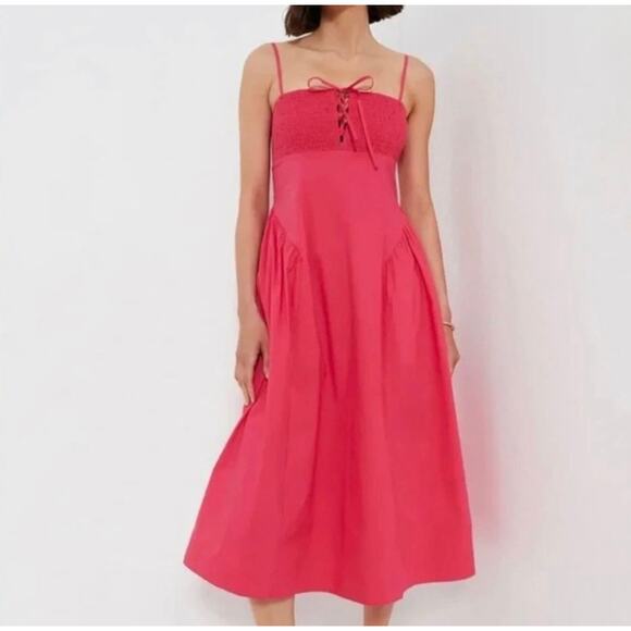 TUCKERNUCK Hyacinth House Watermelon Pink Smocked Serafina Midi Dress NWT Large - Picture 2 of 6